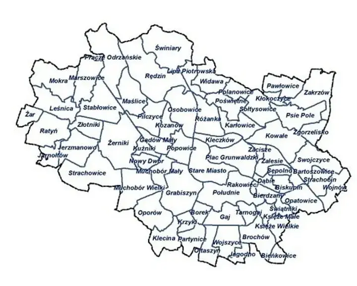 Mapa dzielnic Wrocławia z ulicami - Dzielnice Wrocławia / Wrocław mapa dzielnic